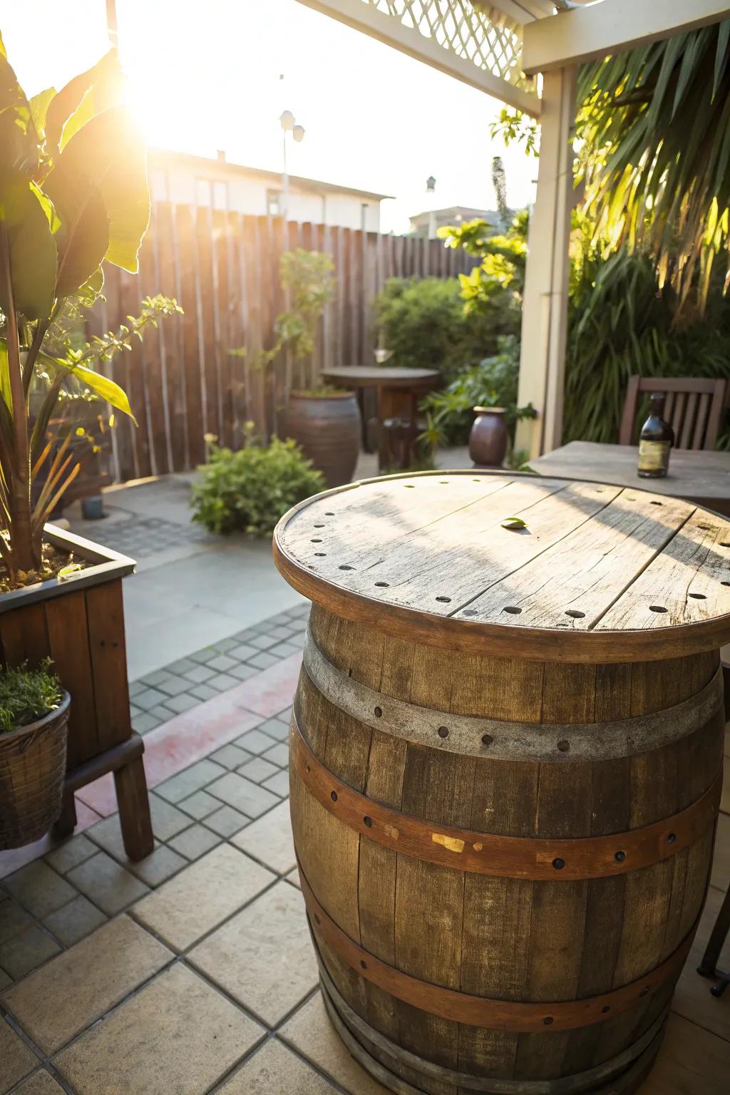 Vintage cask table tops contribute rustic charm and character to outdoor spaces.