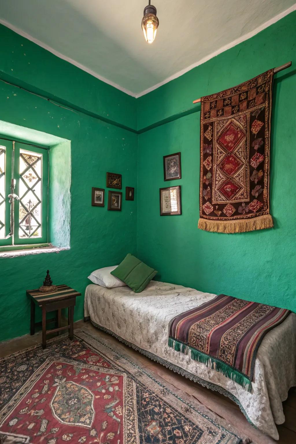 Gem tones bring a touch of luxury and depth to your small bedroom.