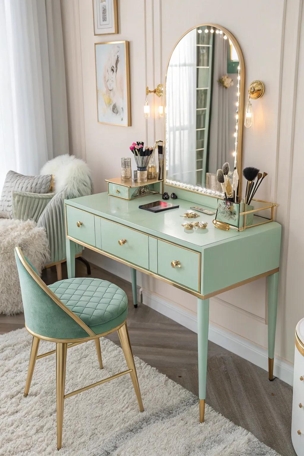 A mint and gilded vanity desk lends chic sophistication to your space.