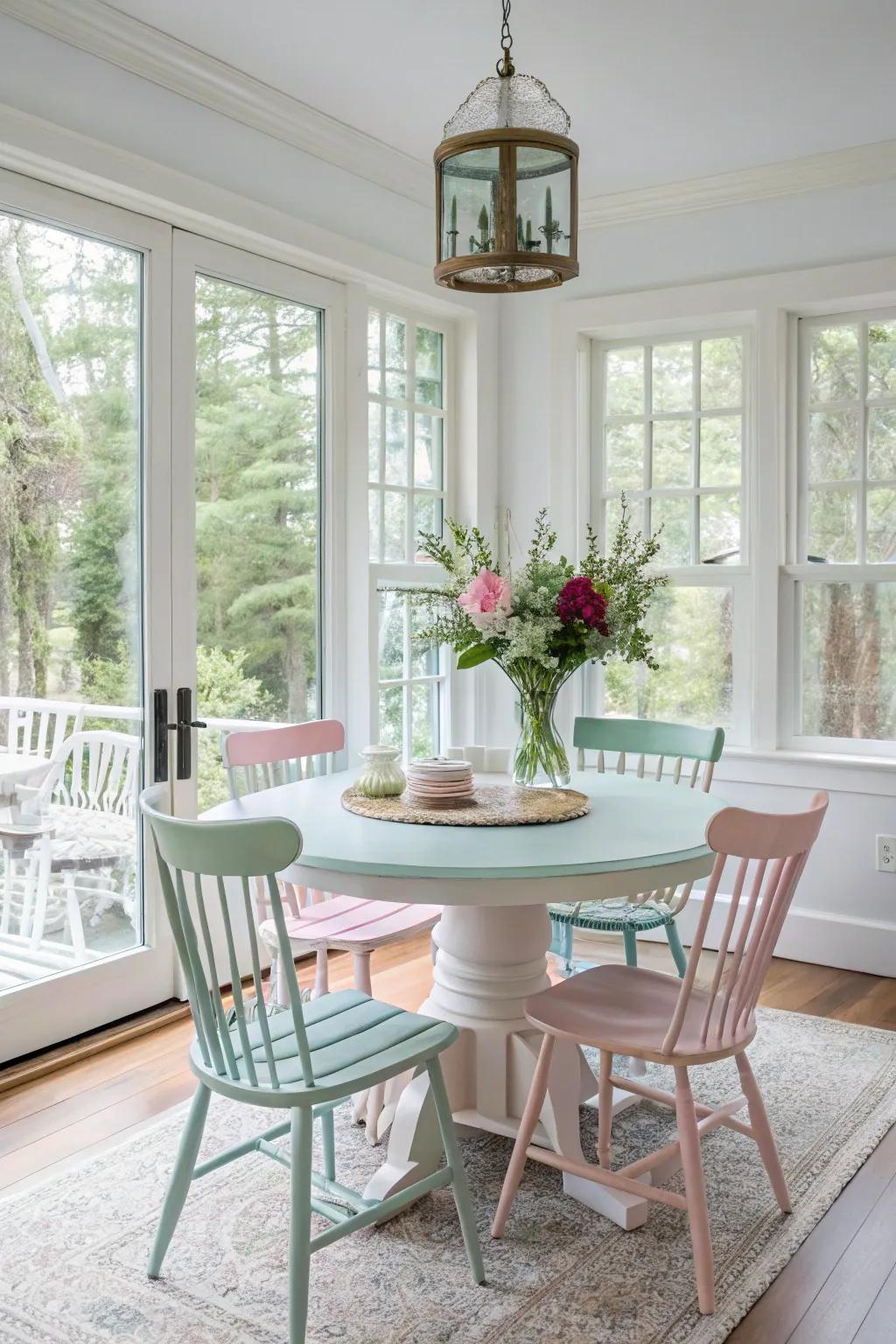 Pastel paints bring a playful, cheerful vibe to your dining table.