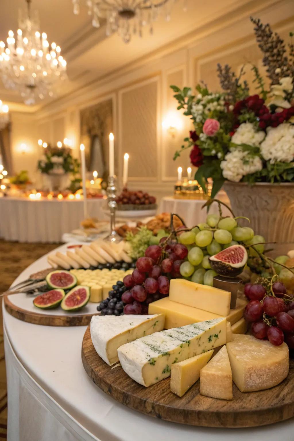 Elegant blends of cheese and fruit adding depth to the dessert table.