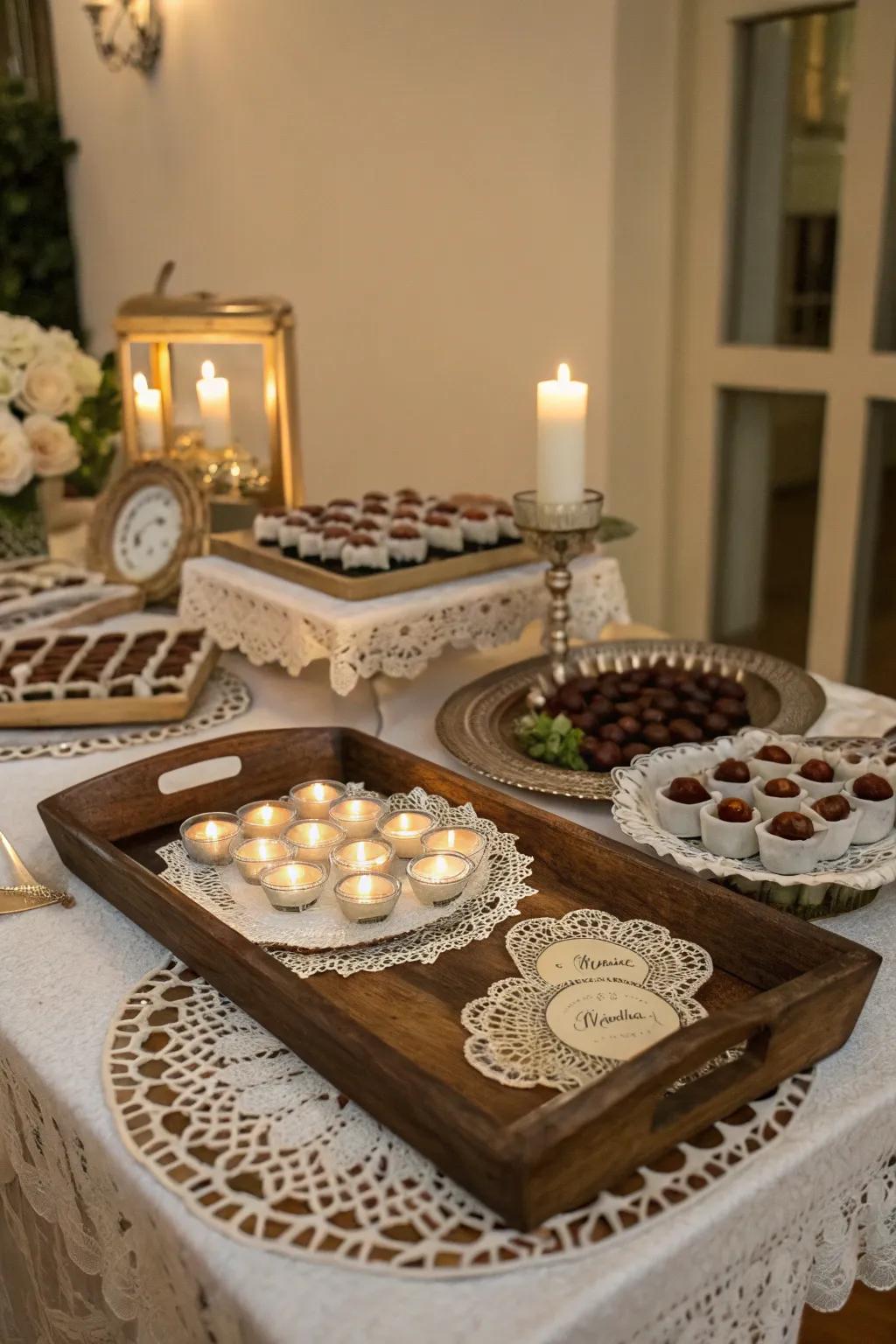 Evoking vintage charm with antique trays and lace doilies.