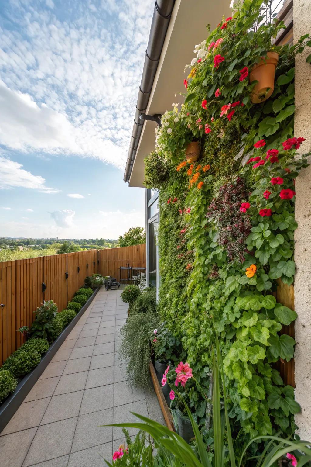 Vertical gardens impart greenery and life to patio walls.