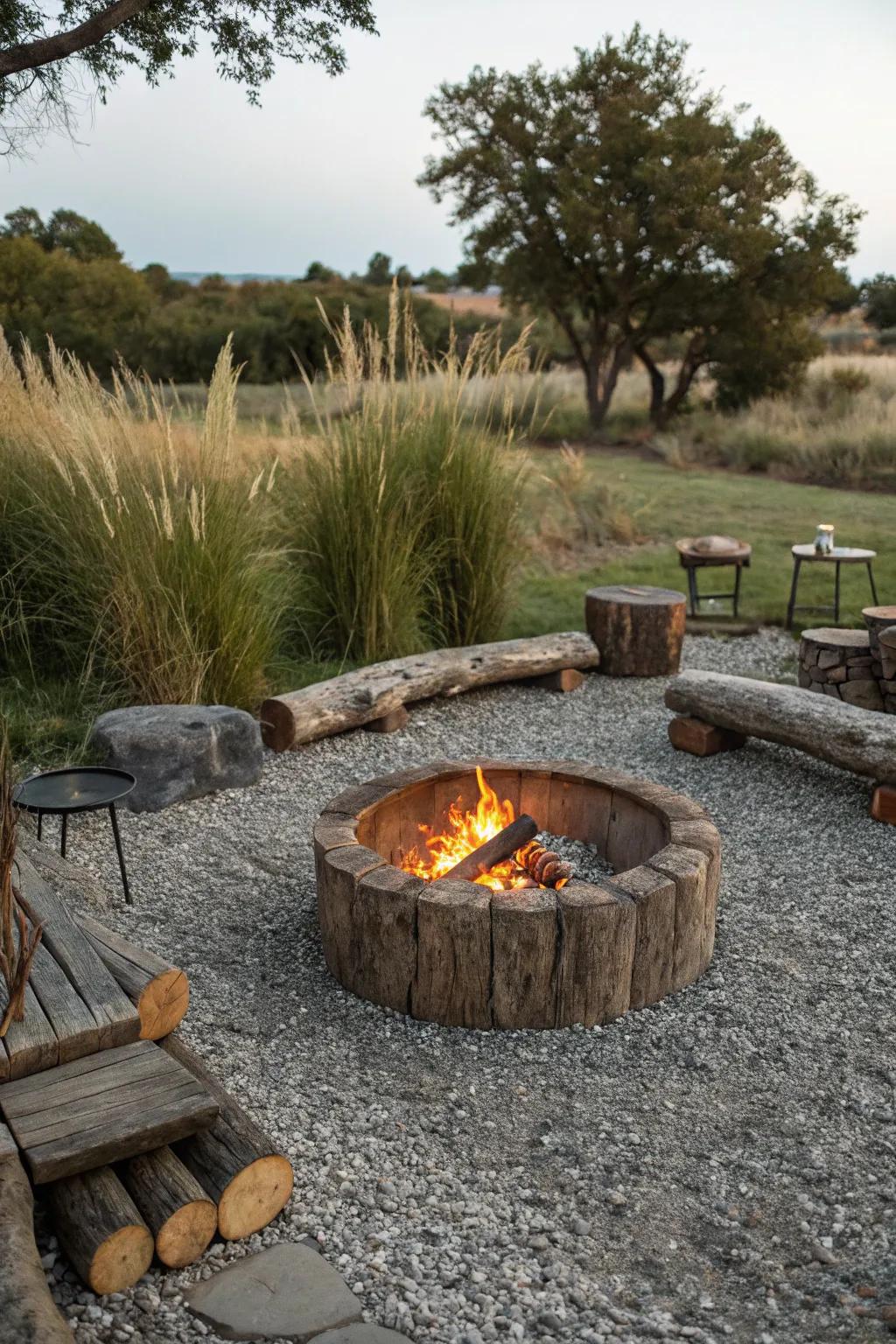 Gravel is a rustic and practical surface option for your firepit area.