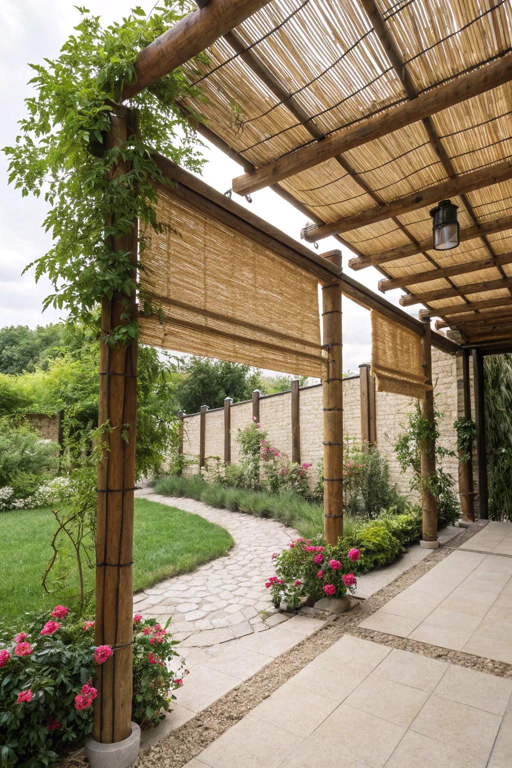 Reed blinds add sustainable charm to pergolas.