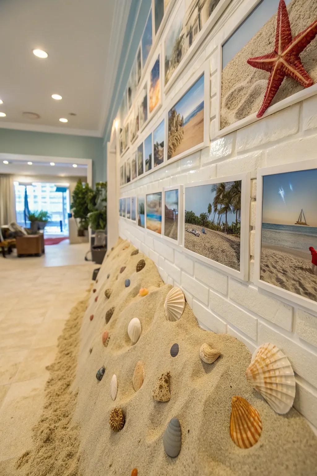 A coastal-themed photo backdrop with sand and seashells, transporting guests to a coastal paradise.
