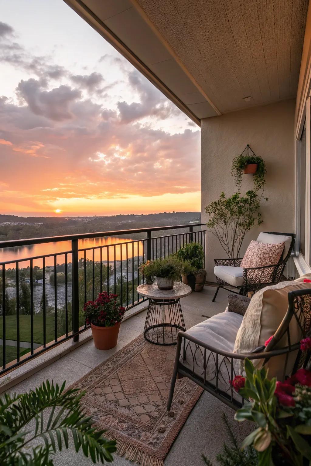 A peaceful outdoor area scene during evening sky with inviting seating.