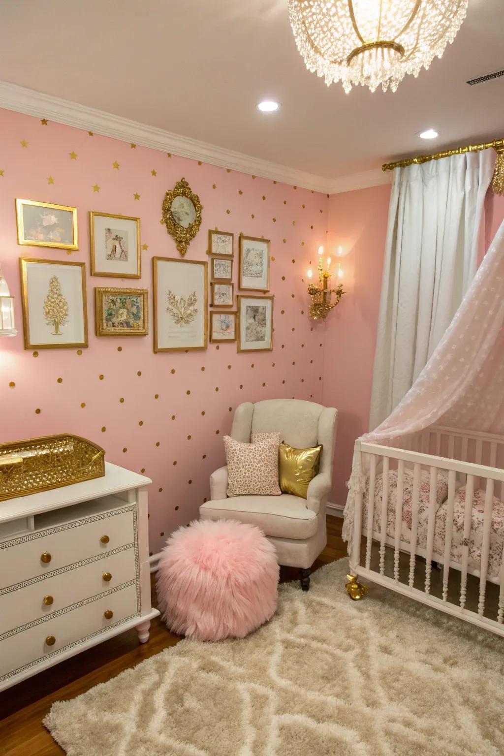 A magnificent nursery via rose partitions bedecked with gilded embellishments.