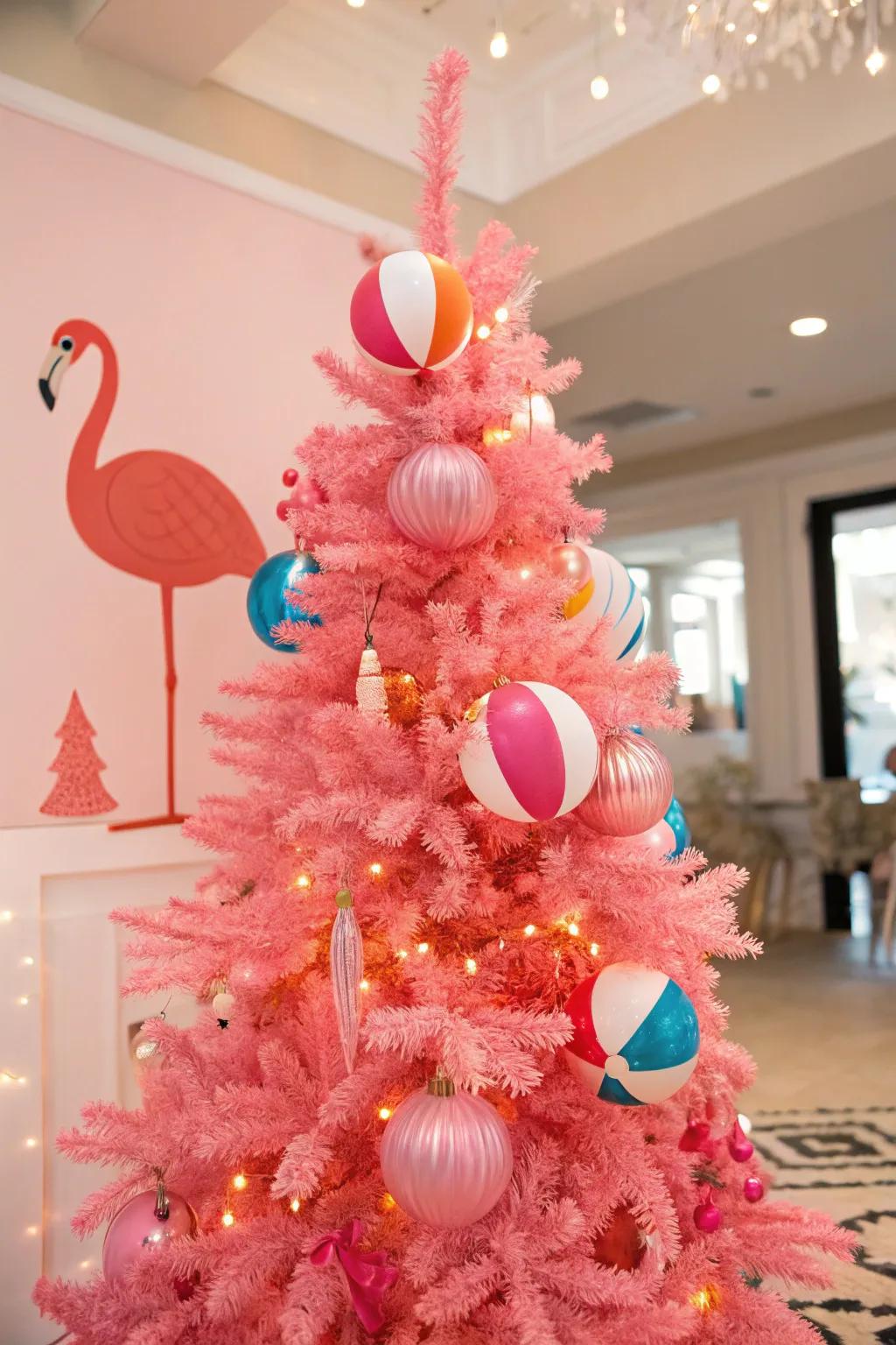 Quirky ornaments render this pink tree delightfully eccentric.