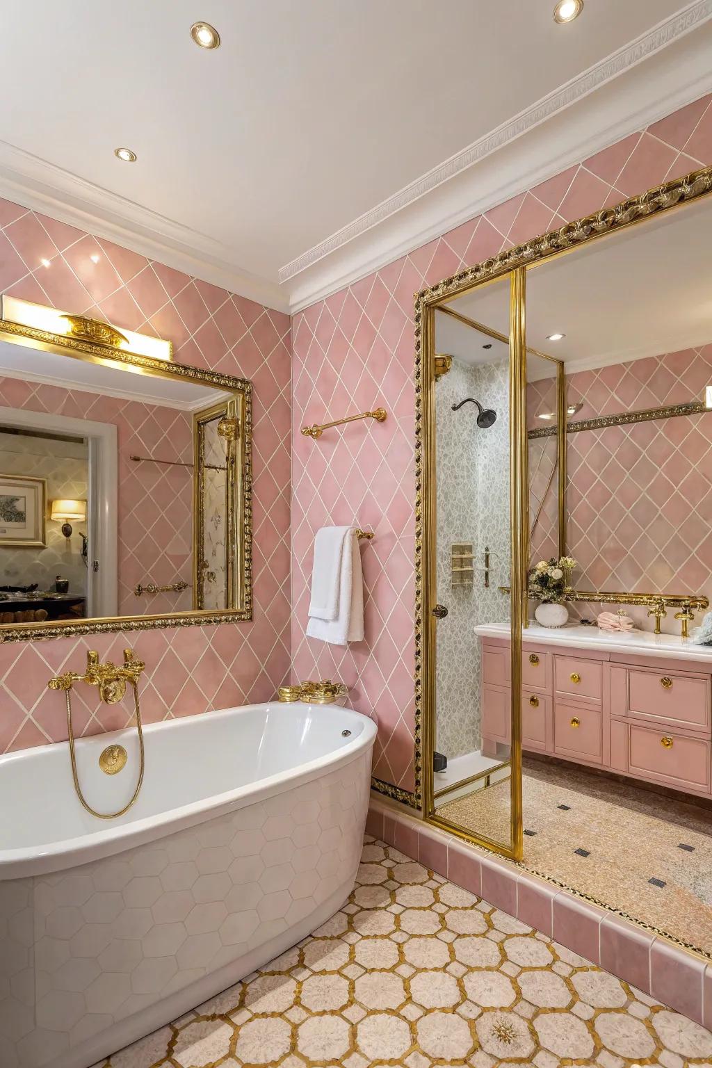 A luxurious bathroom that features pink tiles and gold touches.