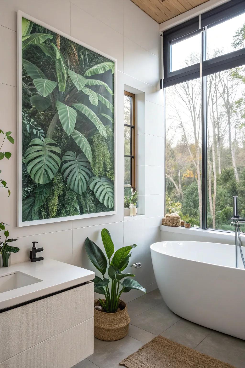 A floral wall art adding a fresh feel to a restroom with rich plant imagery.