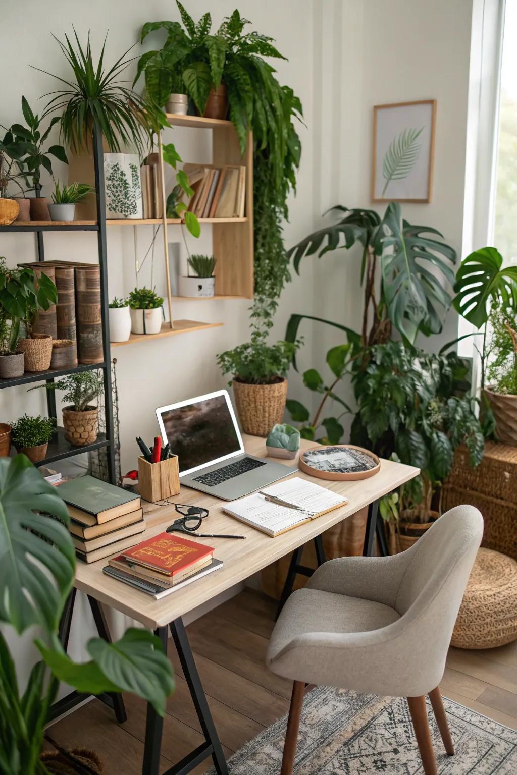 Enhance productivity with a plant-filled workspace.
