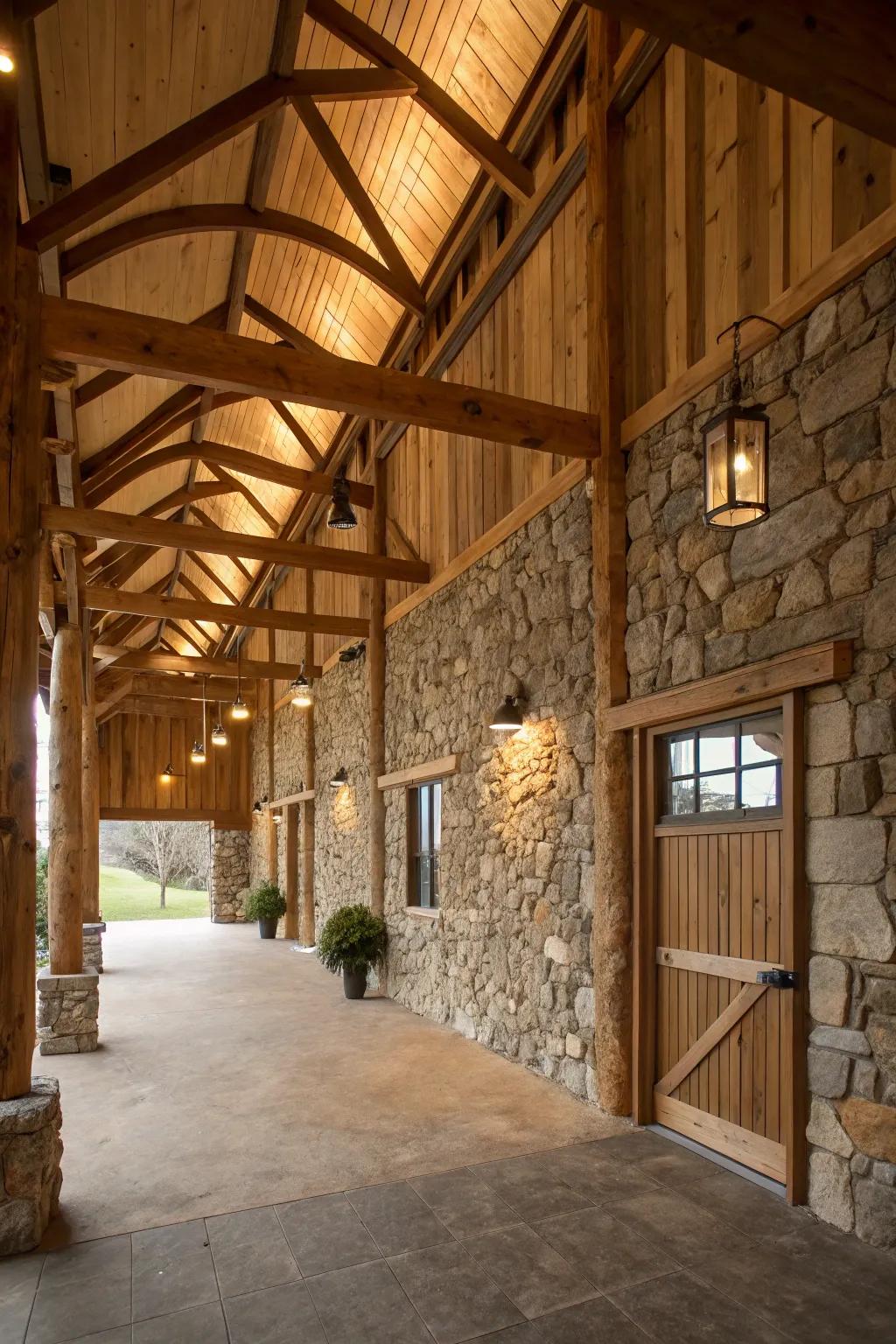 Wooden beams and stone walls are examples of natural elements in a pole barn.