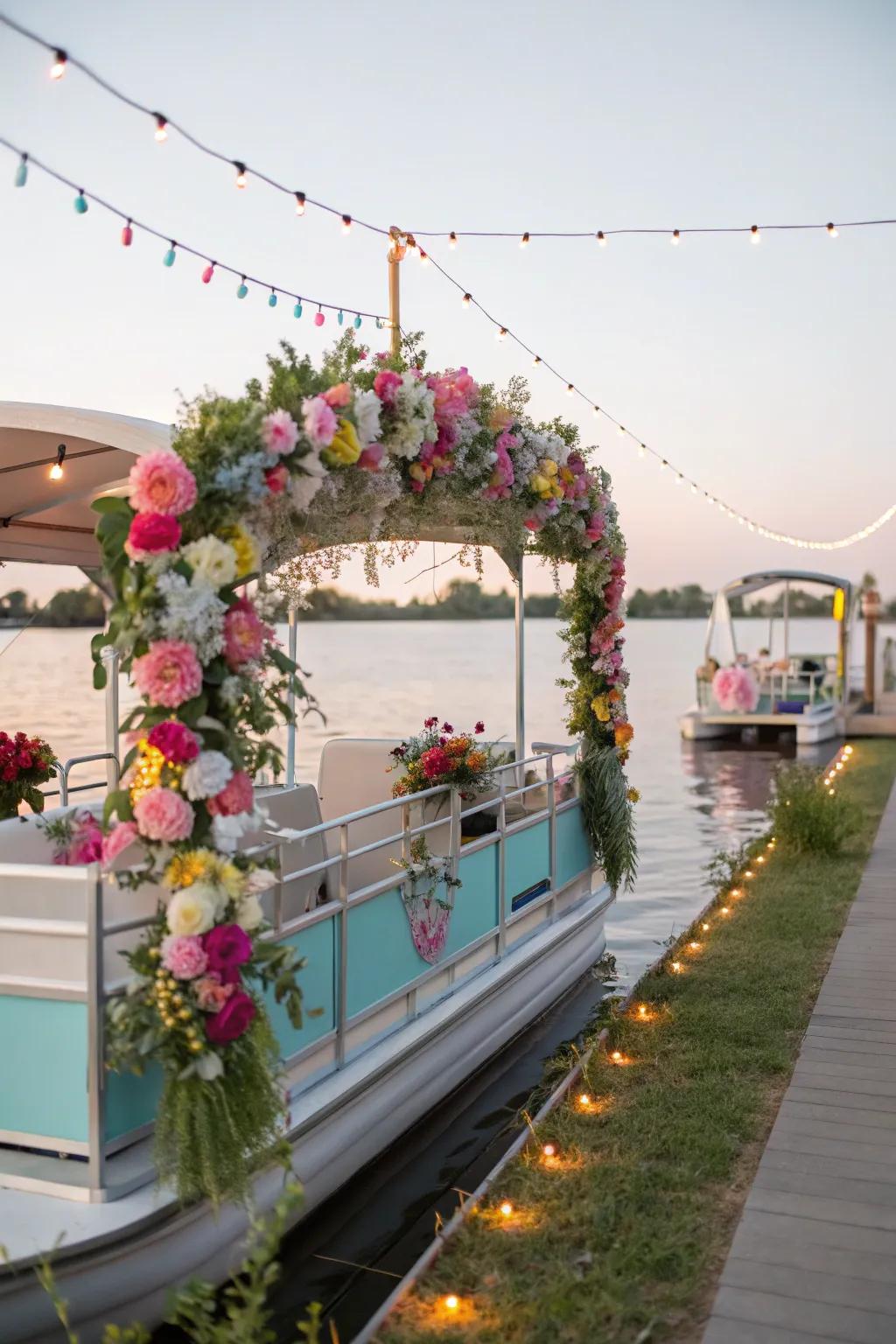 A garden party-themed pontoon boat blossoming with flowers.