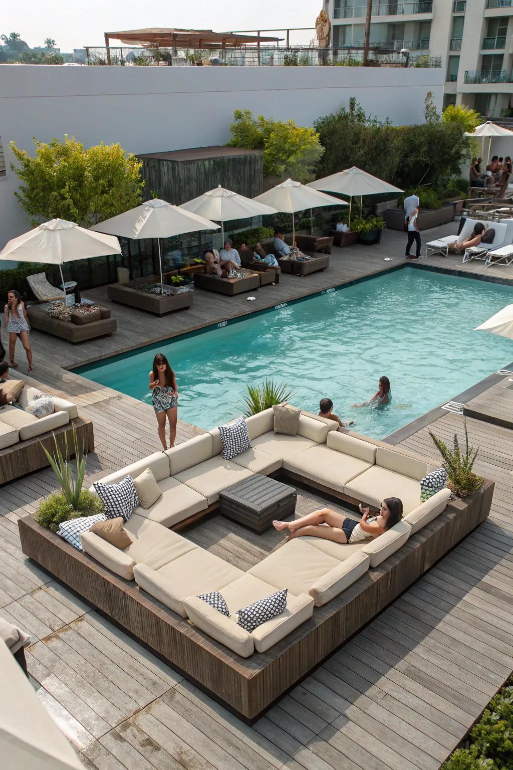 Adaptable seating featuring modular sectionals on the pool deck.