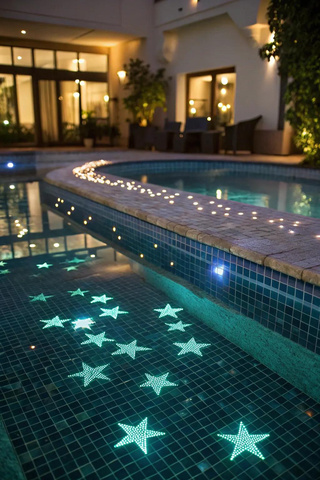 Luminescent tiles make your pool sparkle after sunset.