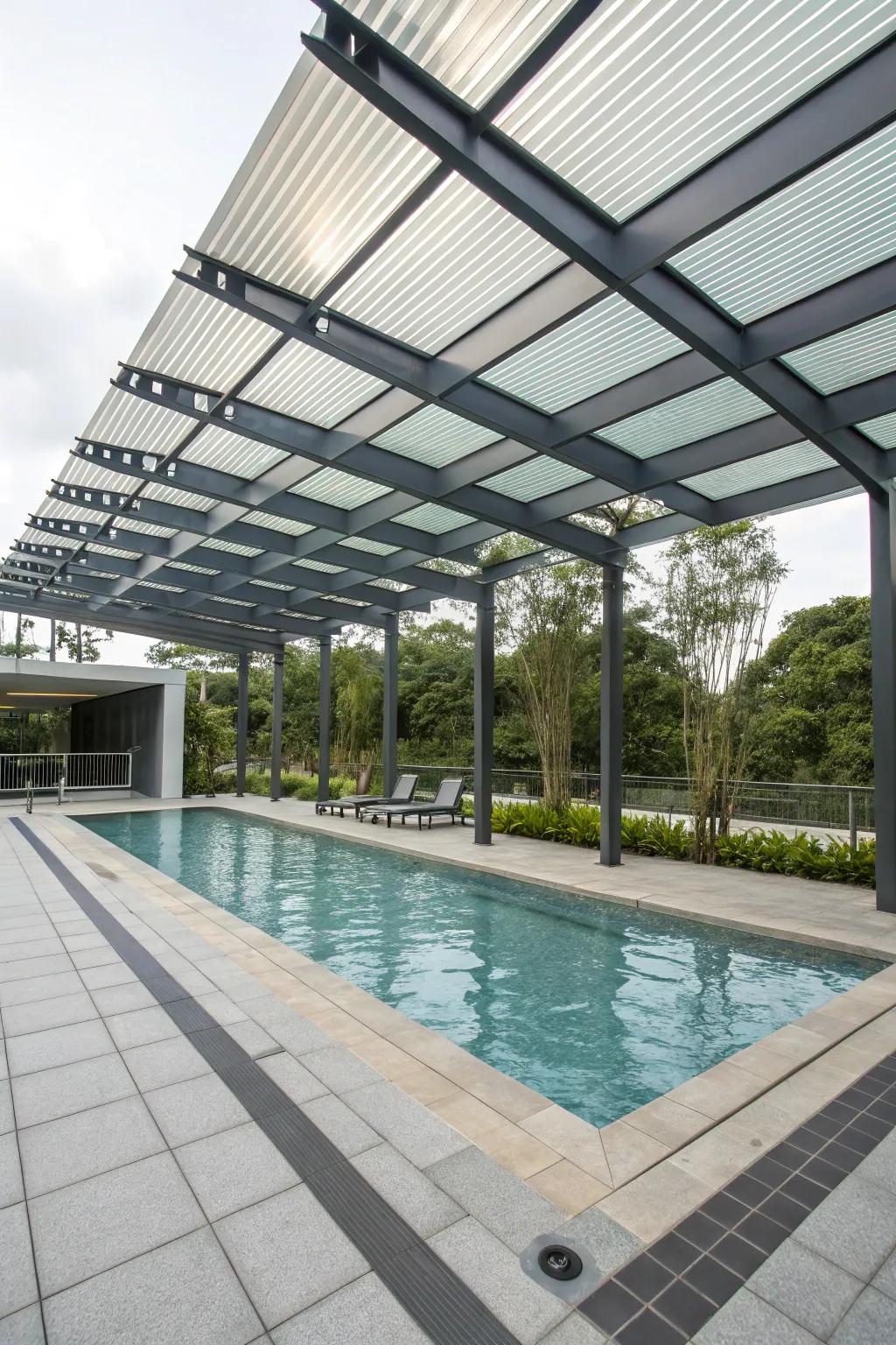 Architectural elements adding a modern art feel to poolside shading.