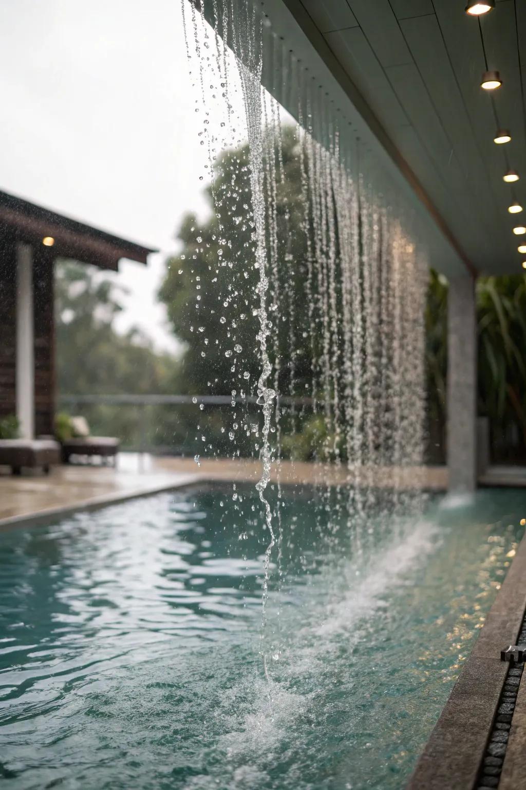 Rain curtains provide a captivating and soothing pool feature.