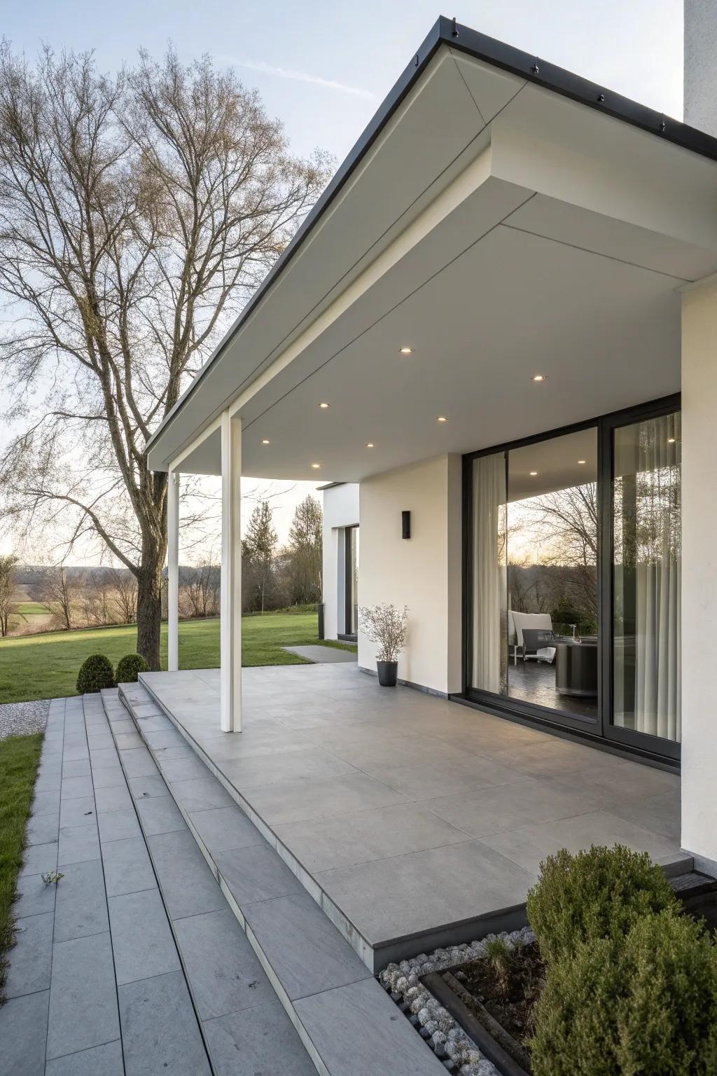 A modern minimalist porch extension with clean lines.