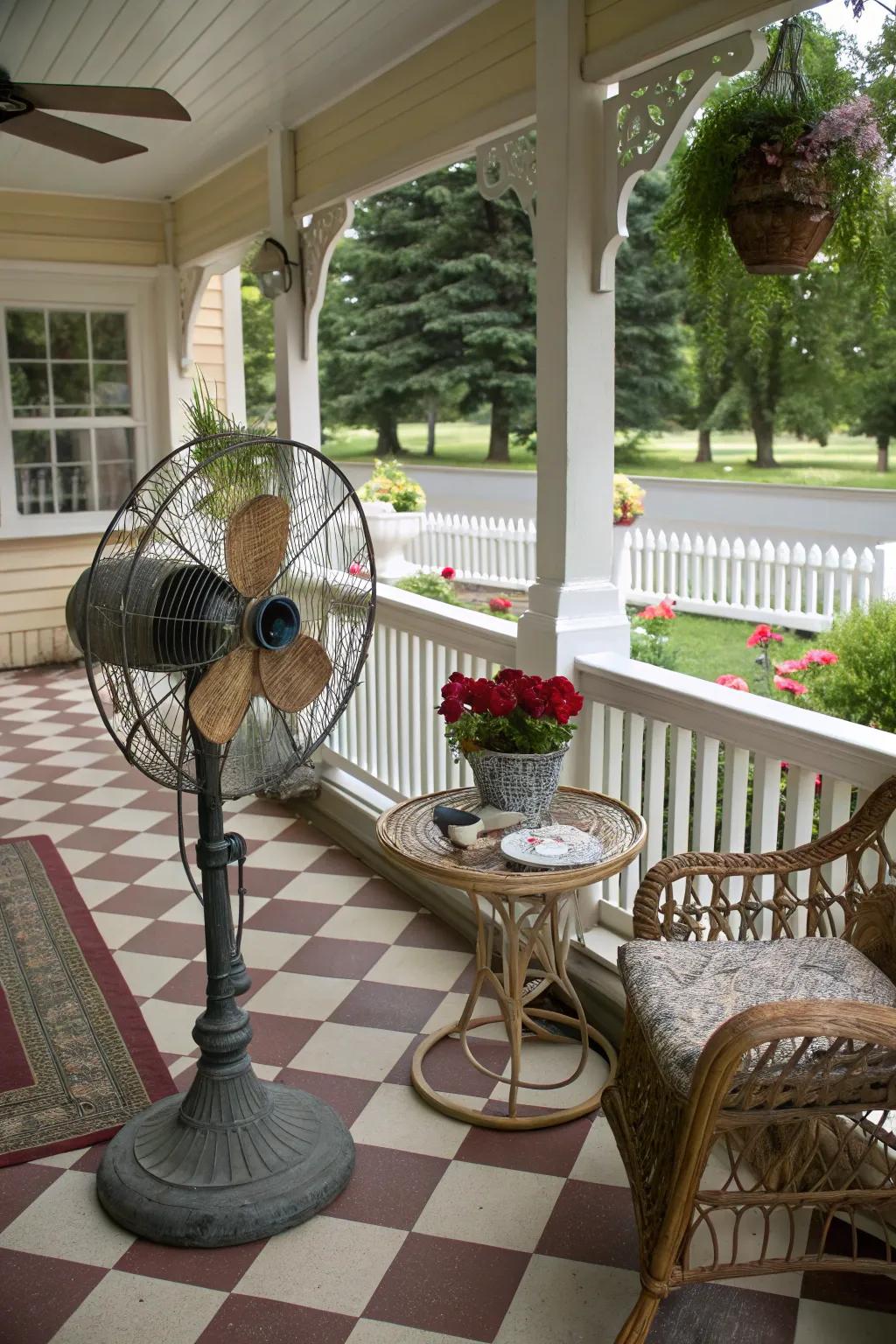 An antique air circulator adds vintage charm to this classic porch setup.