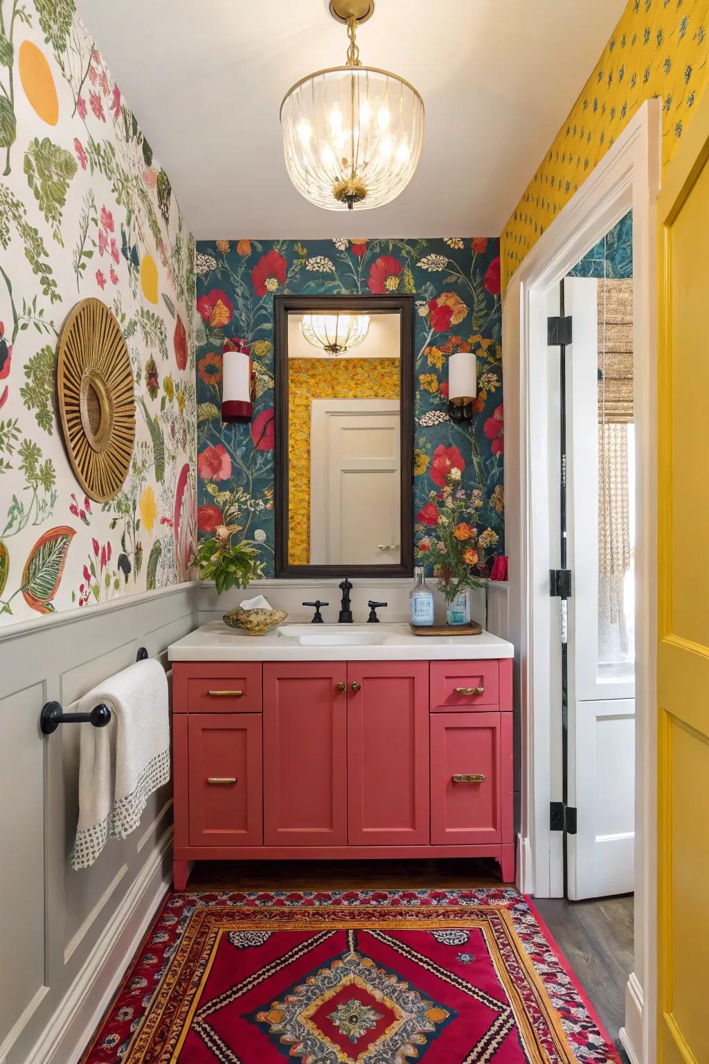 A powder room featuring vibrant touches that introduce energy.