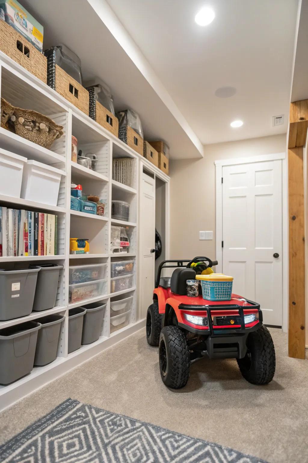Basement corners serving as excellent storage locations for motorized toys.