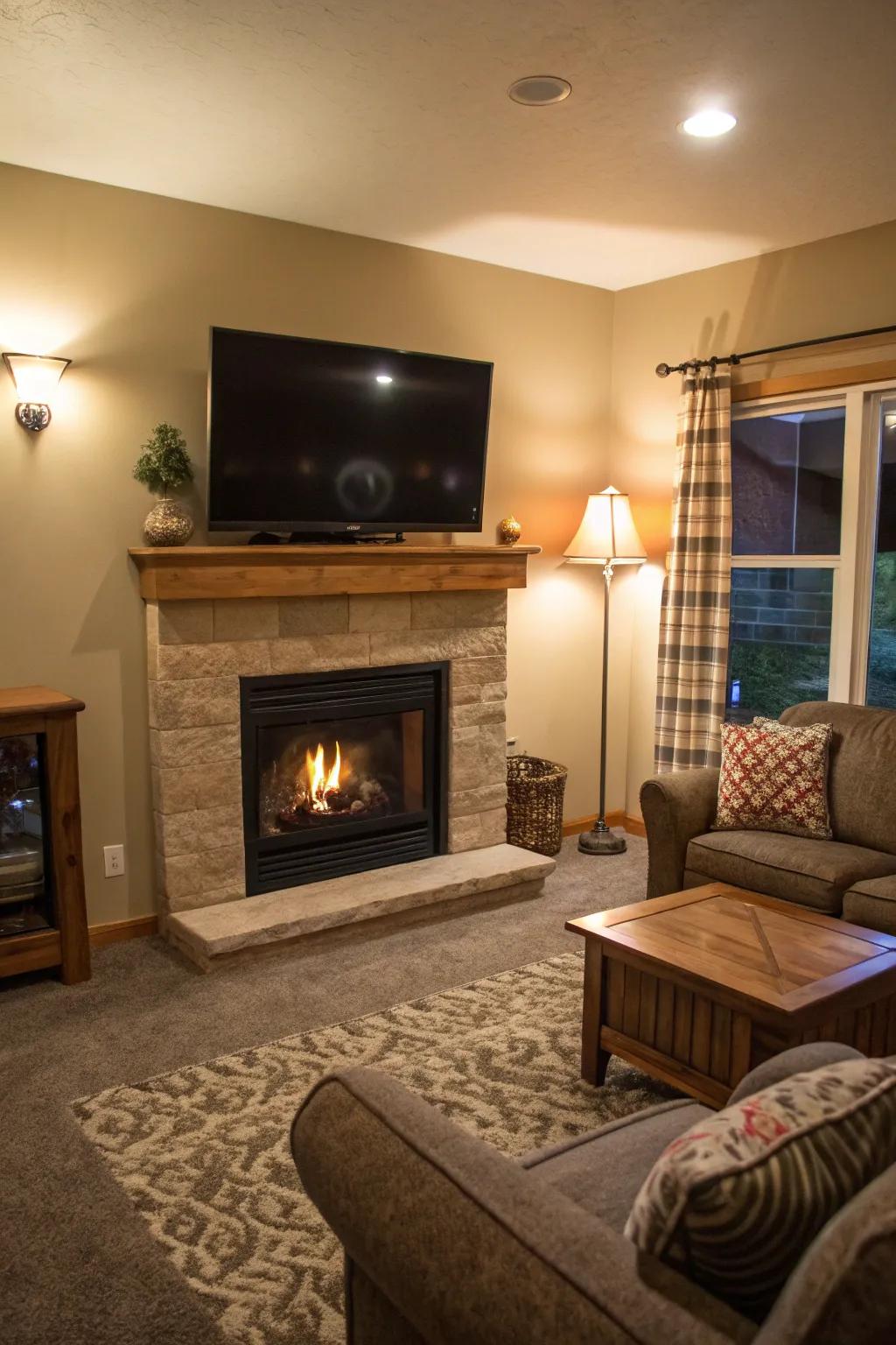 A living room presenting a propane fireplace with a TV arrangement.