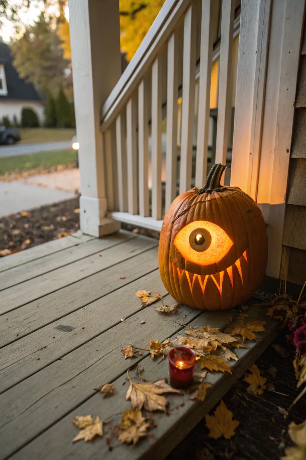A one-eyed giant pumpkin infuses a humorous and spooky element to your display.