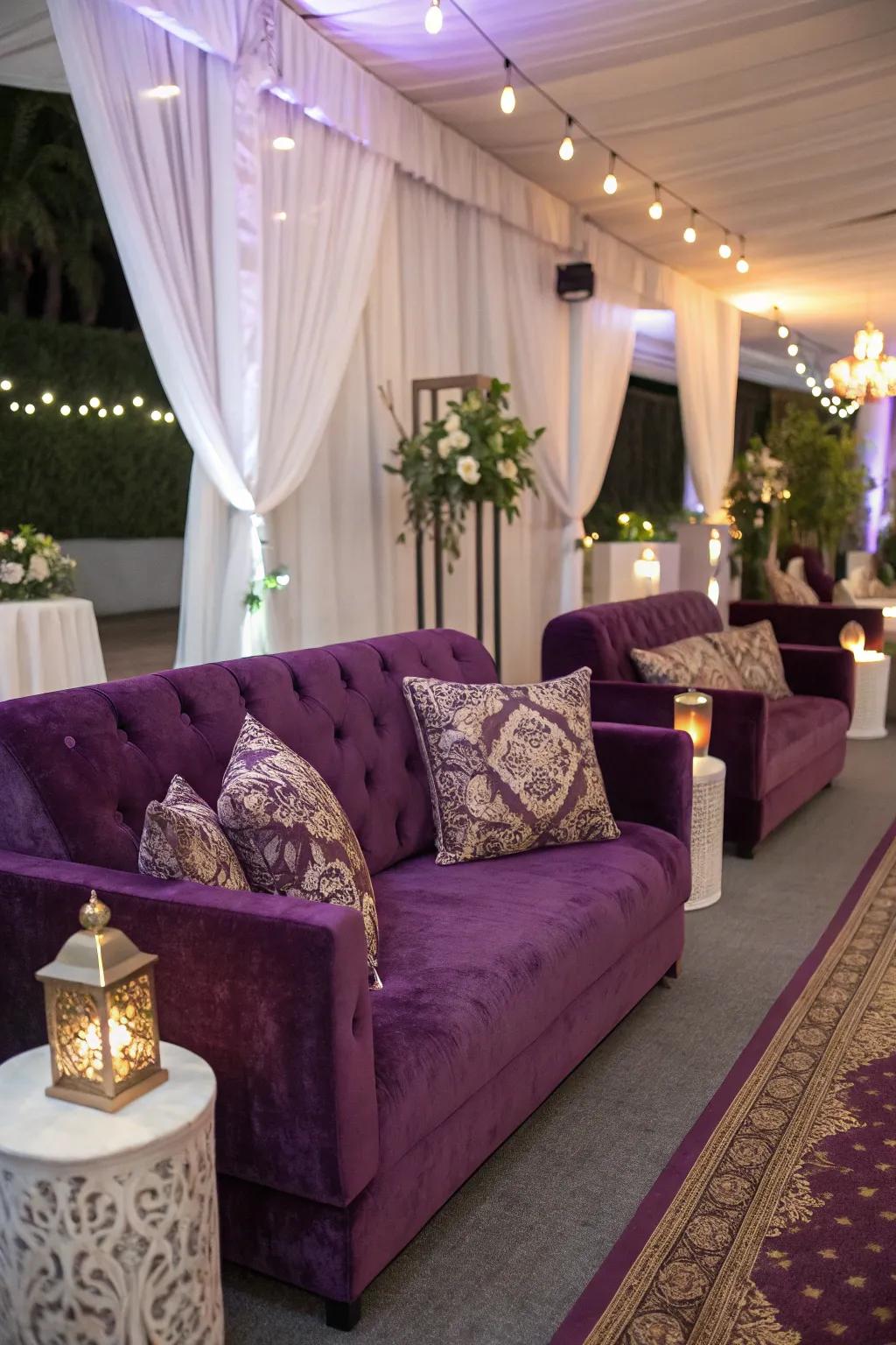 A purple velvet lounge area offers both comfort and style.