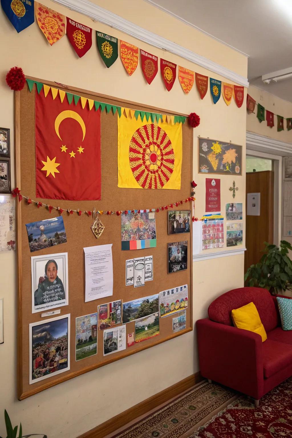 A board celebrating cultural diversity through lively symbols.