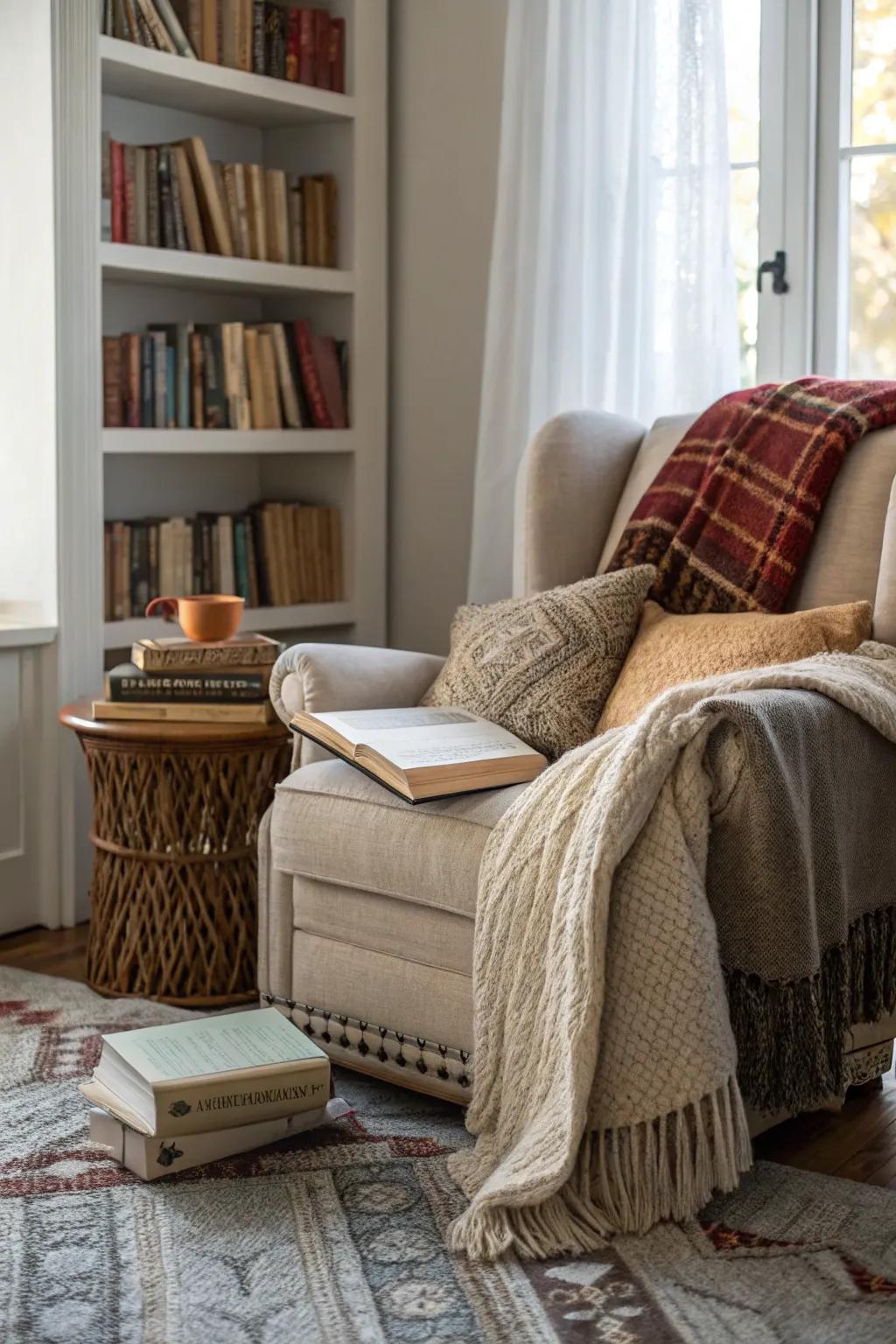 A reading nook featuring layered textiles for ultimate comfort.