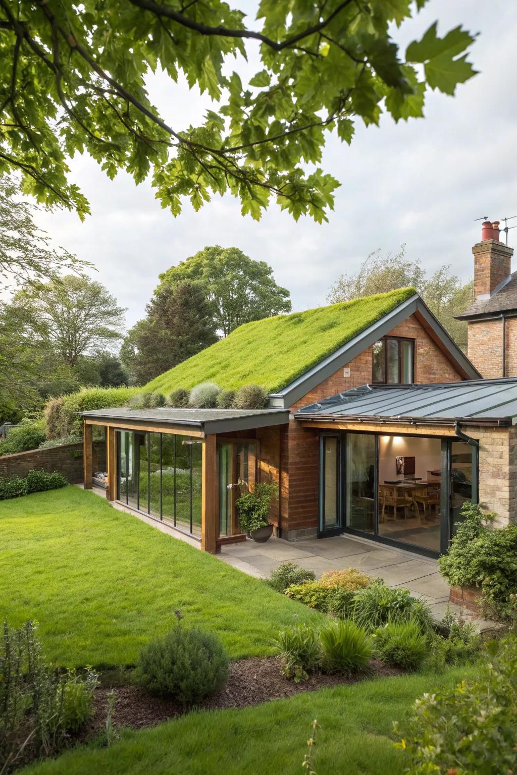 A rear extension featuring a beautiful green roof for added eco-friendly charm.