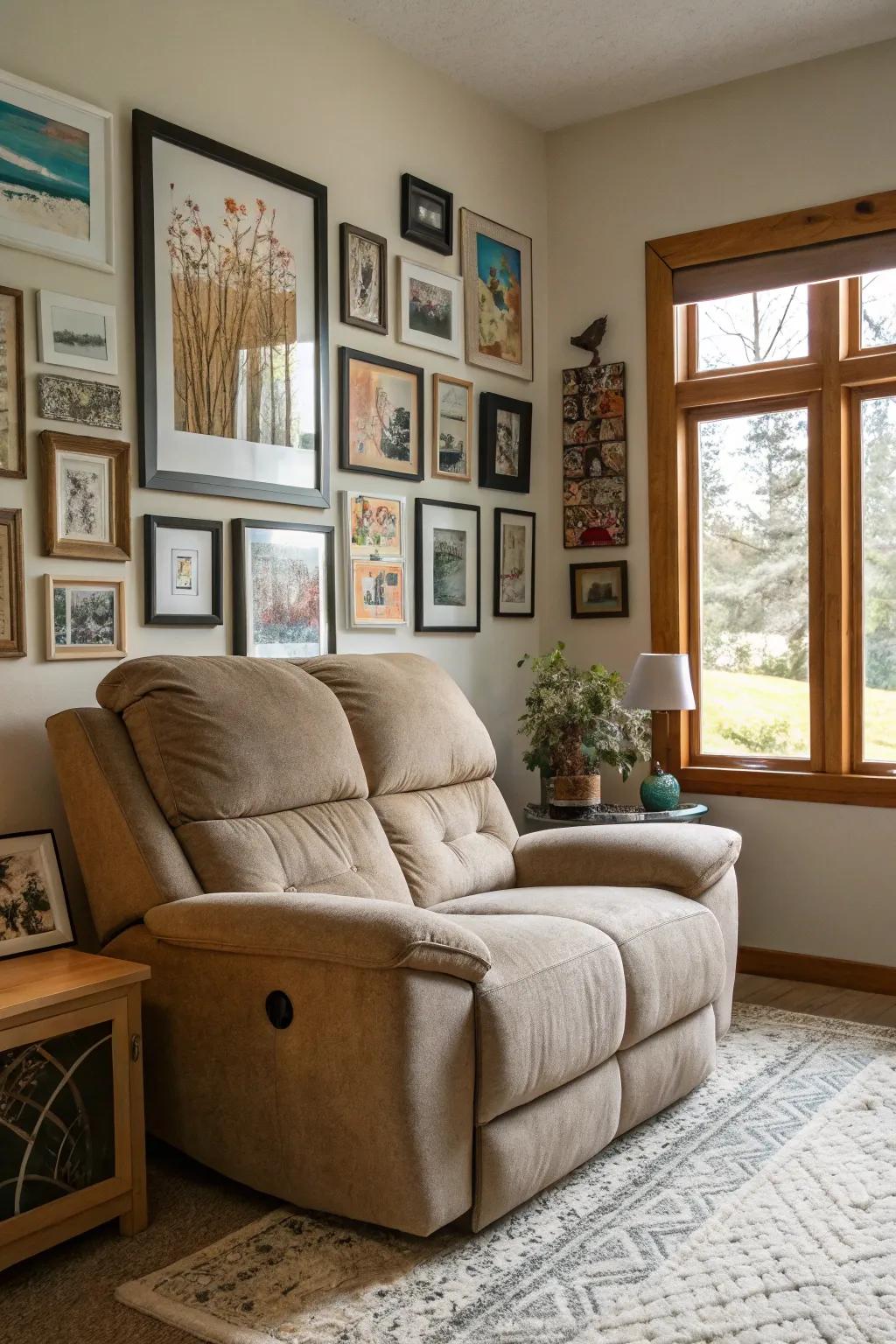 A mural array positioned above the reclining sofa, imparting profundity and individuality.