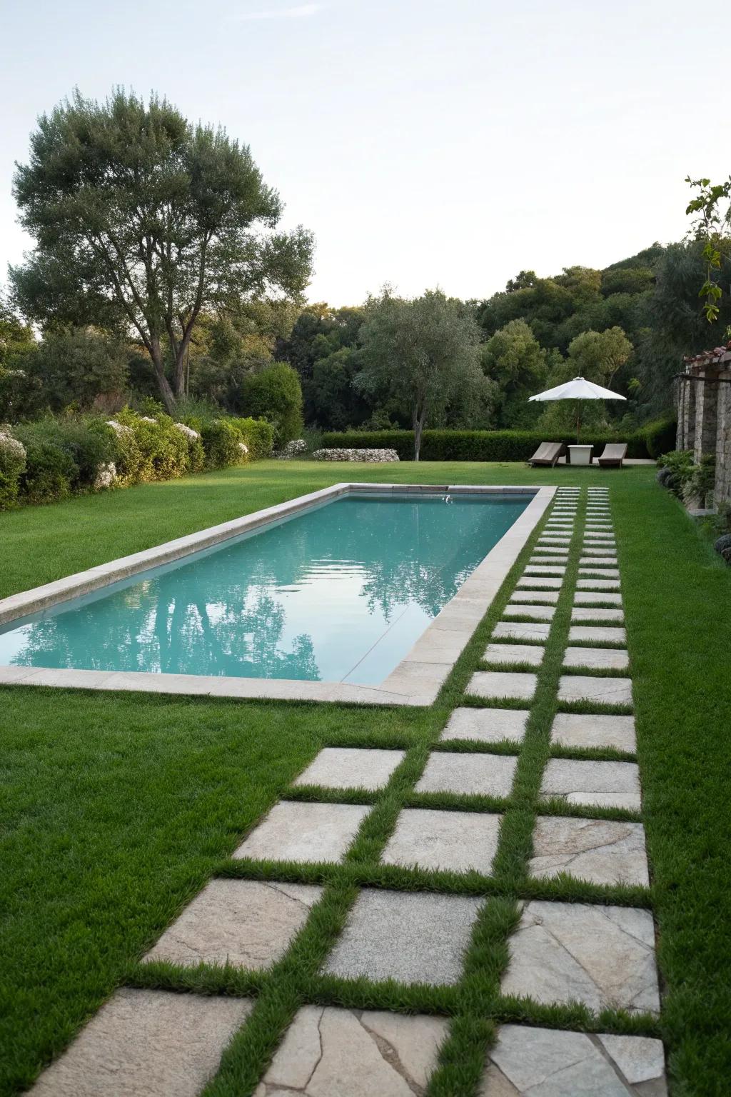 Stone paths and a neat turf intensify the pool's elegance.