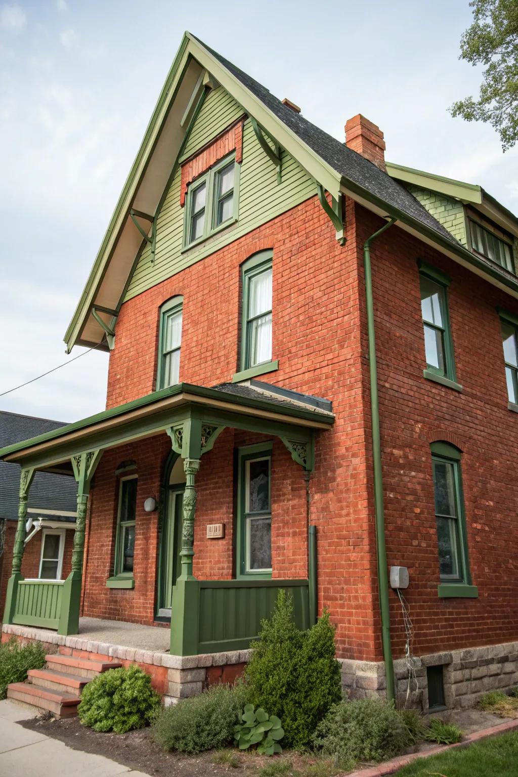 Olive green trim imparts an unexpected yet harmonious touch to red brick houses.