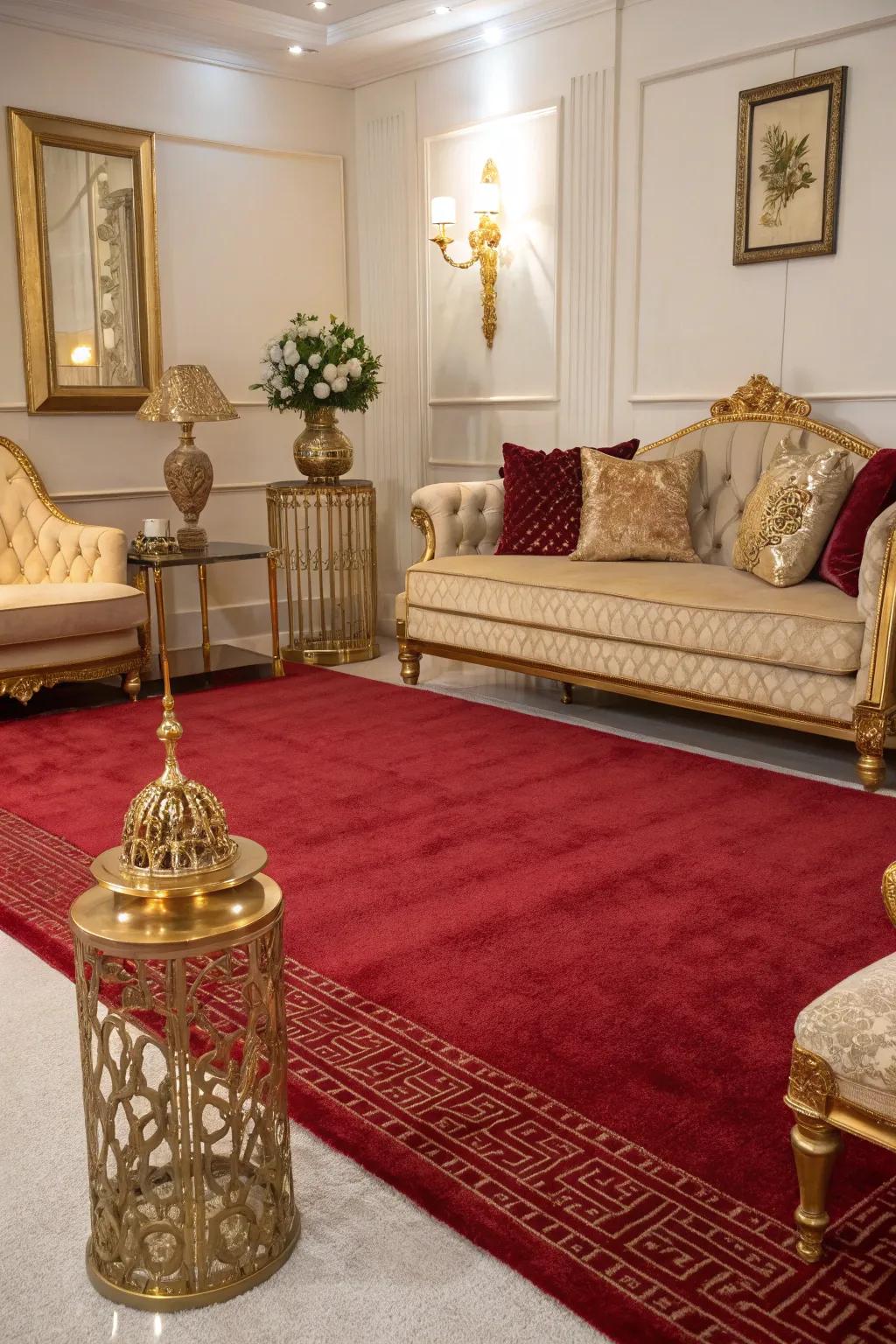 A luxurious living room where scarlet and gold create a regal ambiance.