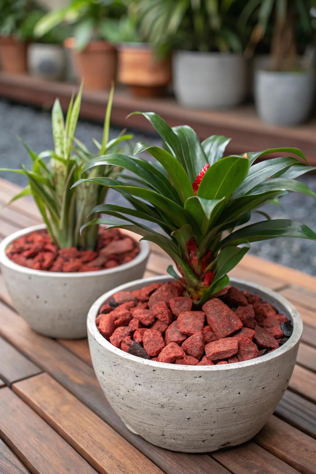Scarlet volcanic stones enhance drainage and contribute visual intrigue to container gardens.