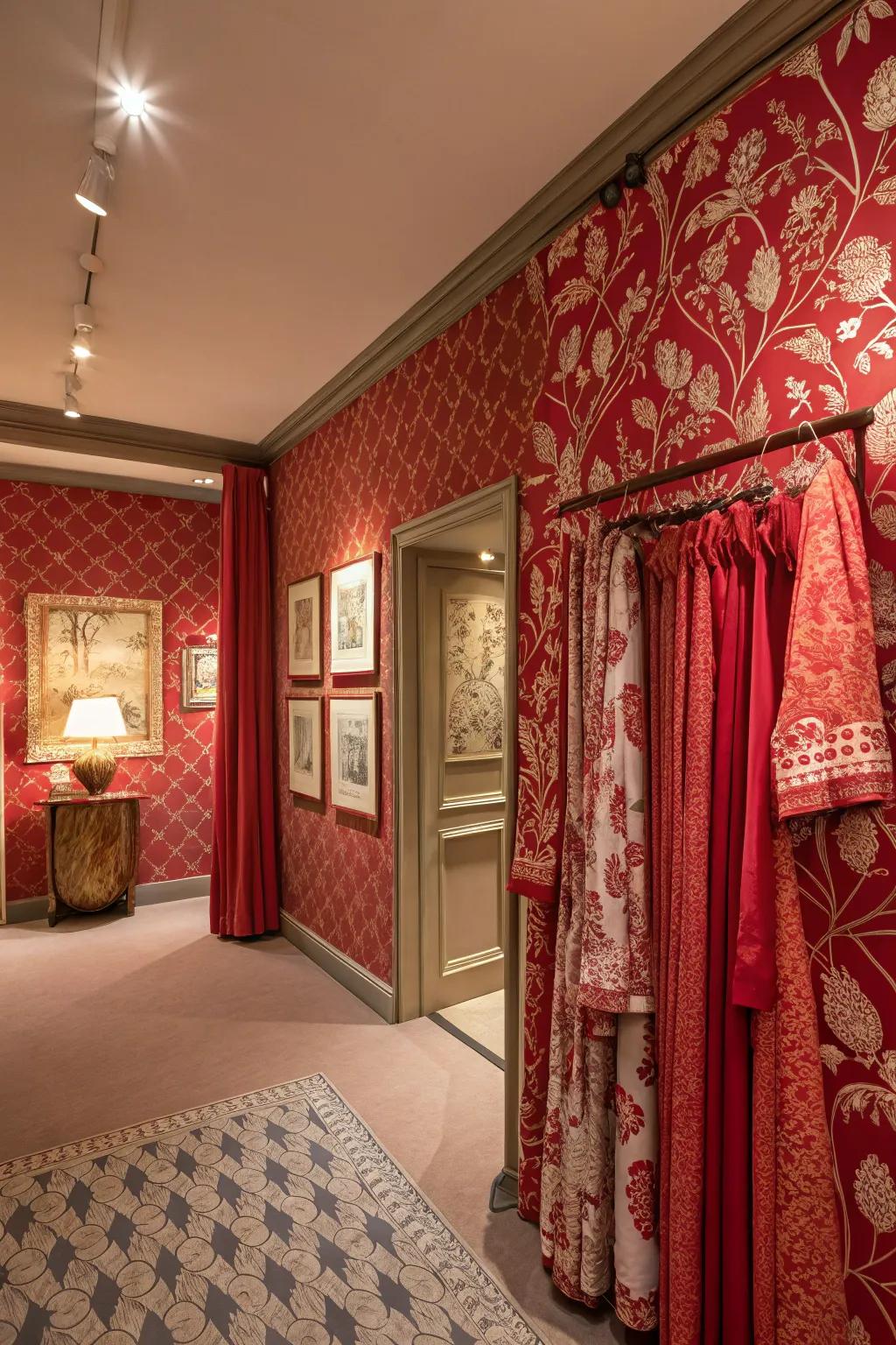Patterned designs in red contribute a playful element to the room's decor.