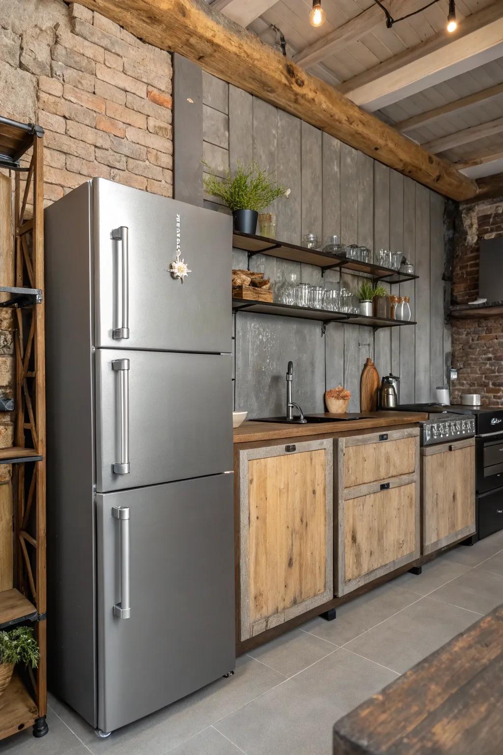 Industrial-inspired components encircling the refrigerator impart a contemporary edge to the kitchen.