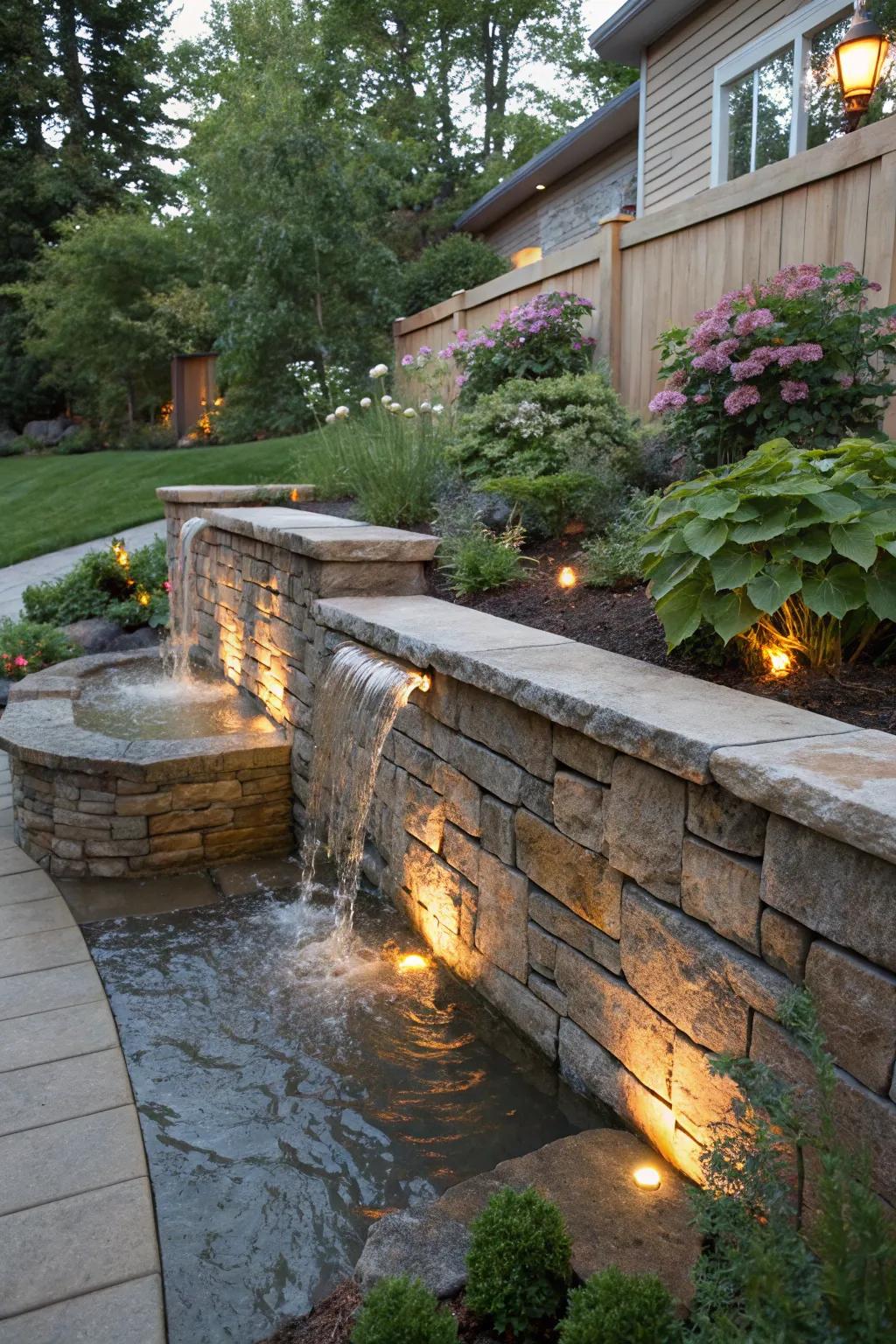 Border wall boosted with a bubbling water feature, making a peaceful garden setting.