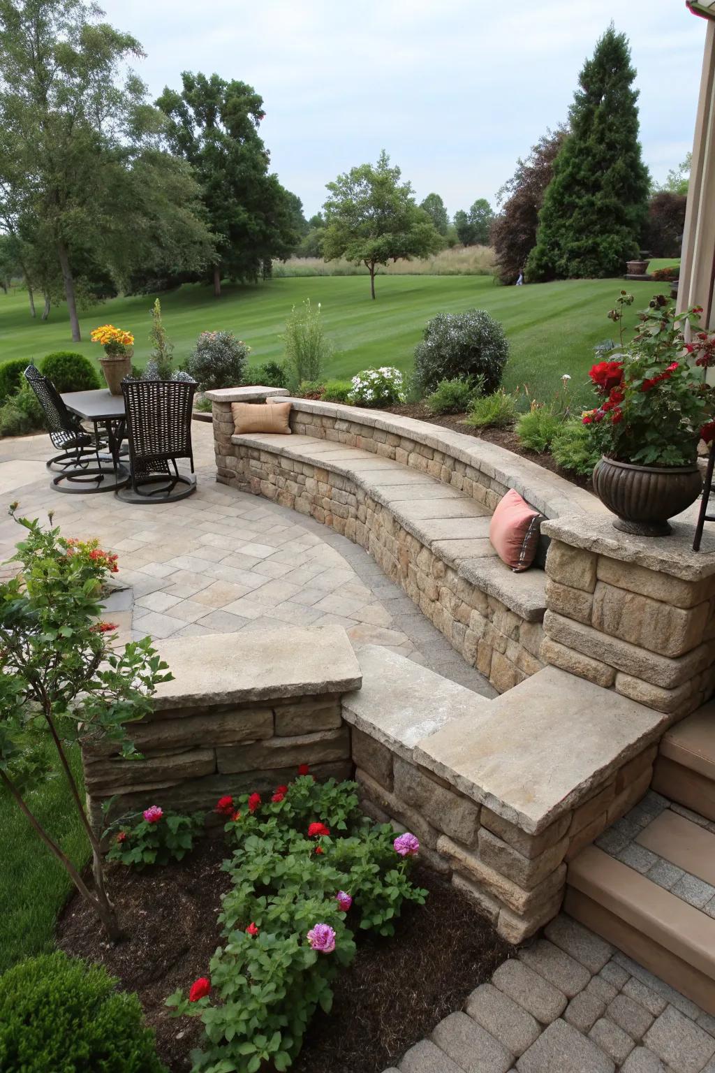 Integrated seating transforms retaining boundaries into leisurely sanctuaries.