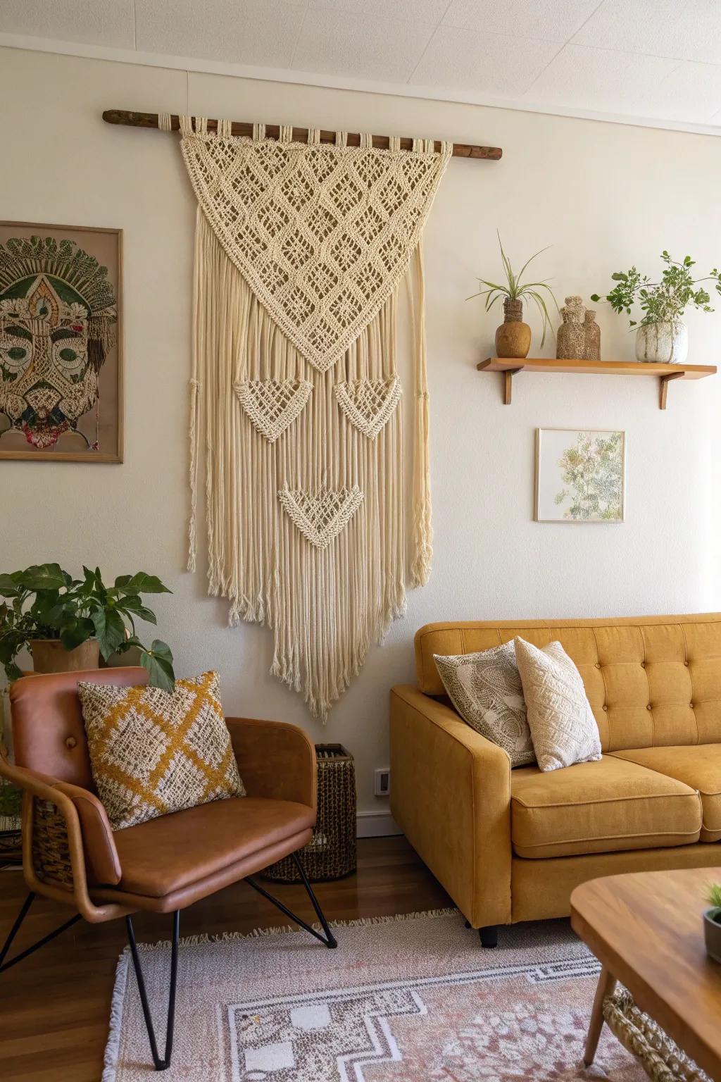 Macramé conveys texture and warmth to walls.