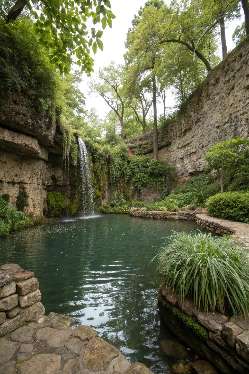 A serene water feature enclosed by stone walls adds tranquility.