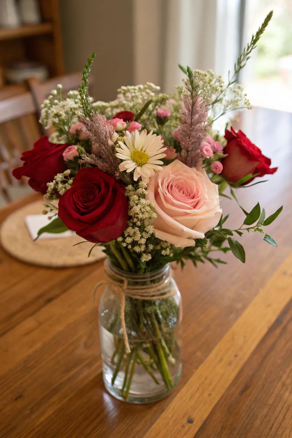Rustic charm featuring roses and wildflowers.
