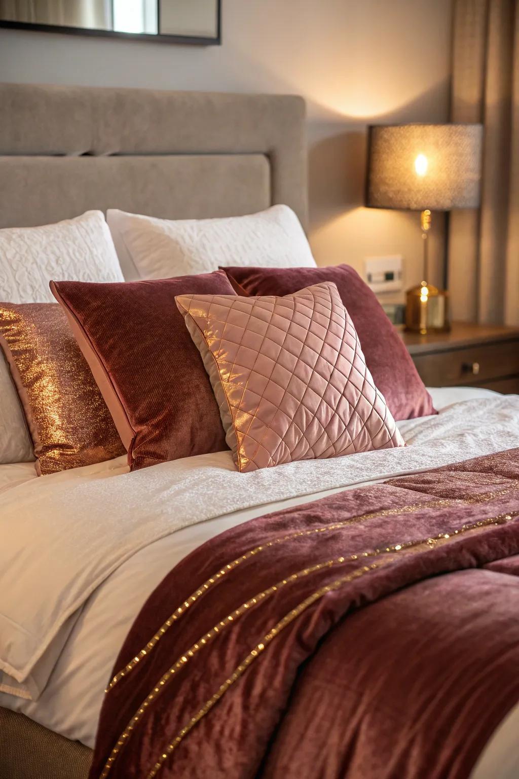 Luster and burgundy pillows enhance the bedding ensemble with comfort and elegance.