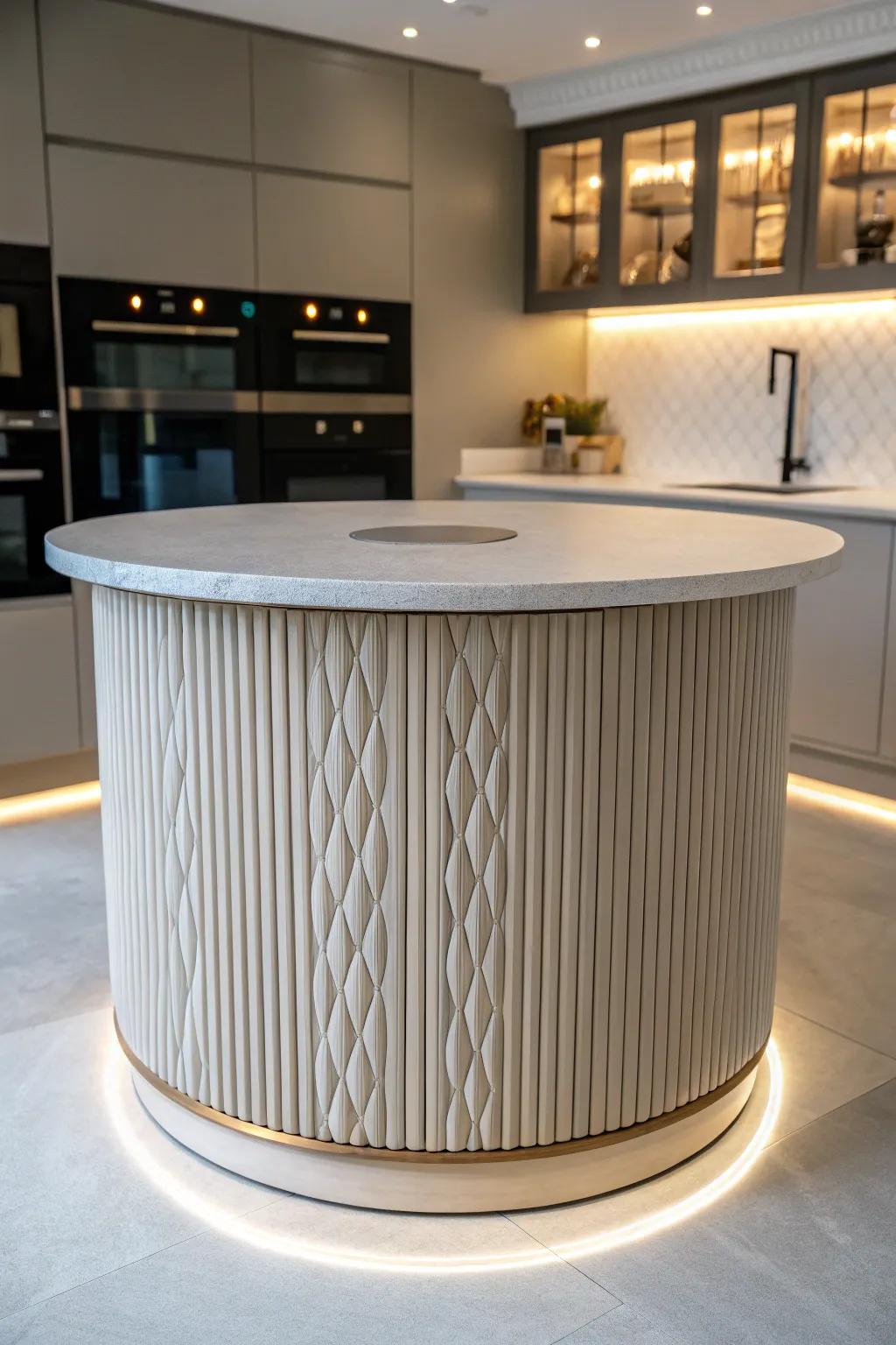Grooved designs bring texture and refinement to a circular kitchen island.