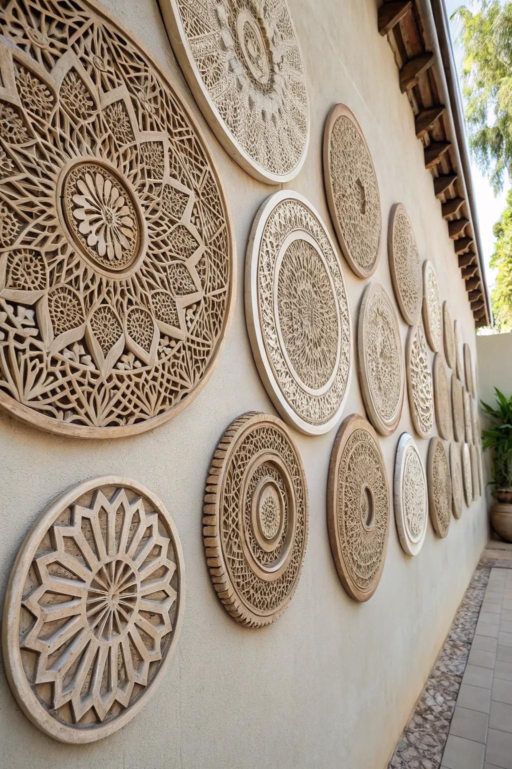 Wall displaying round decor featuring creative geometric patterns.