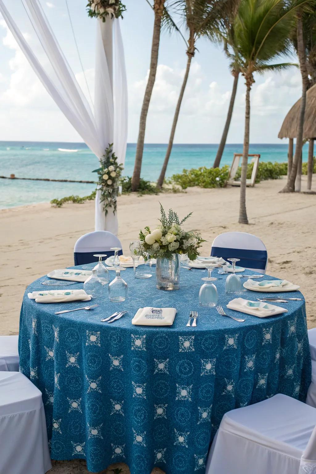 Marine inspired table covering for a serene seaside nuptial.