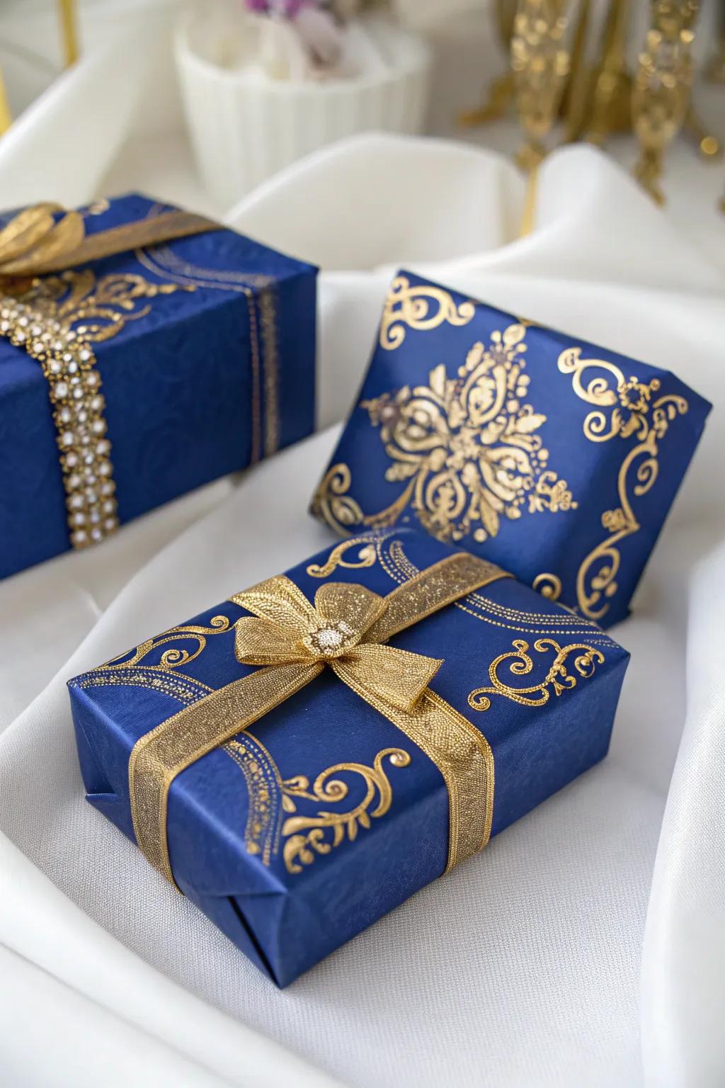 Wedding gifts wrapped in majestic blue for a cohesive touch.