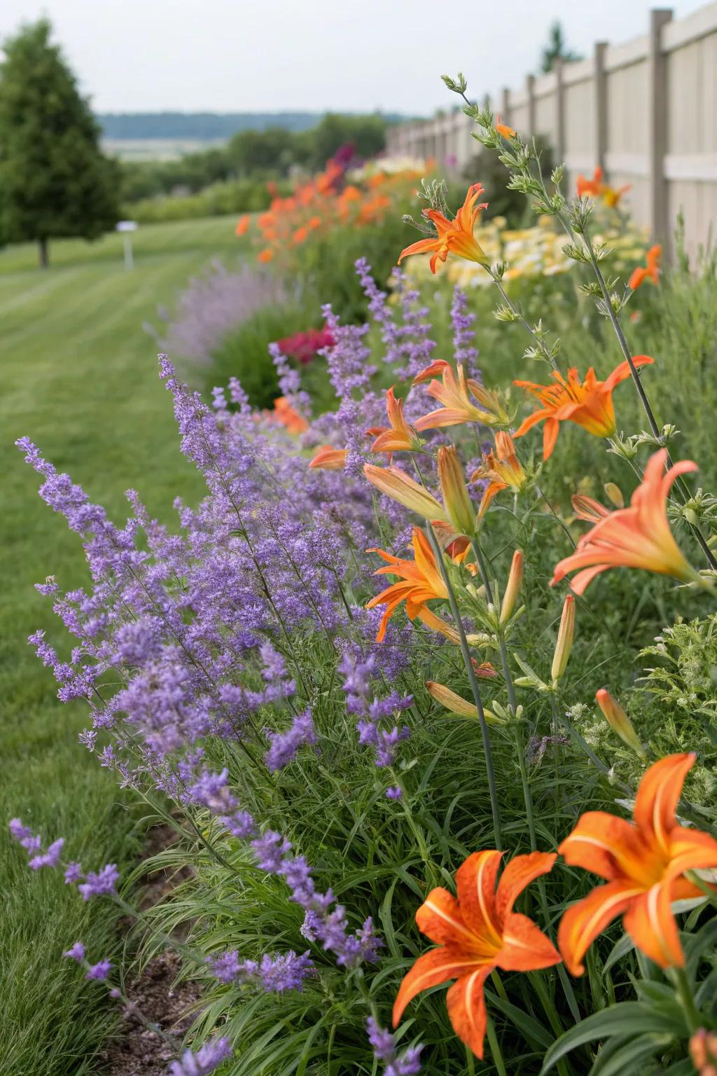 A striking and colorful garden featuring azure blooms and sunlilies.